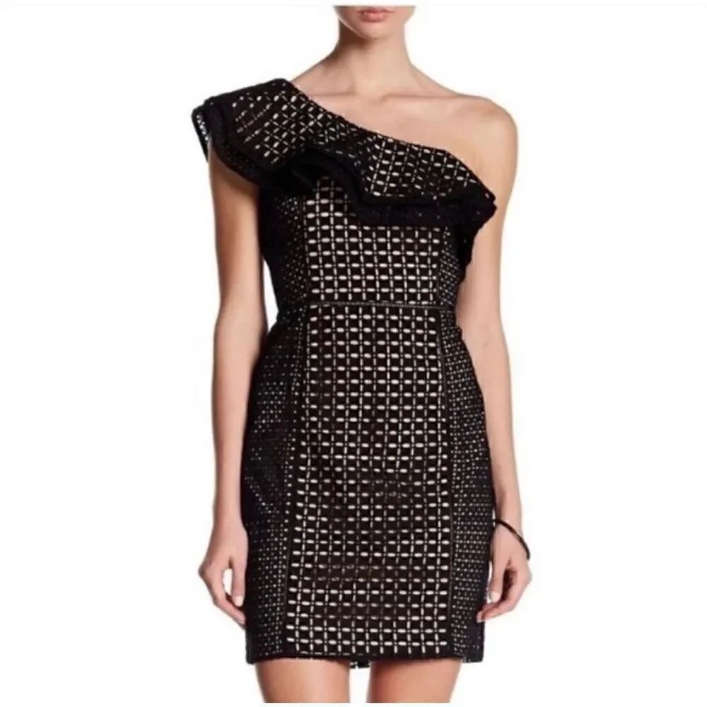 J. Crew Collection One Shoulder Eyelet Ruffle Mini Dress Black - Picture 2 of 13